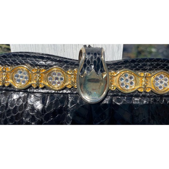 VINTAGE SNAKESKIN PURSE black gold crystals made in Hongkong - Picture 7 of 11